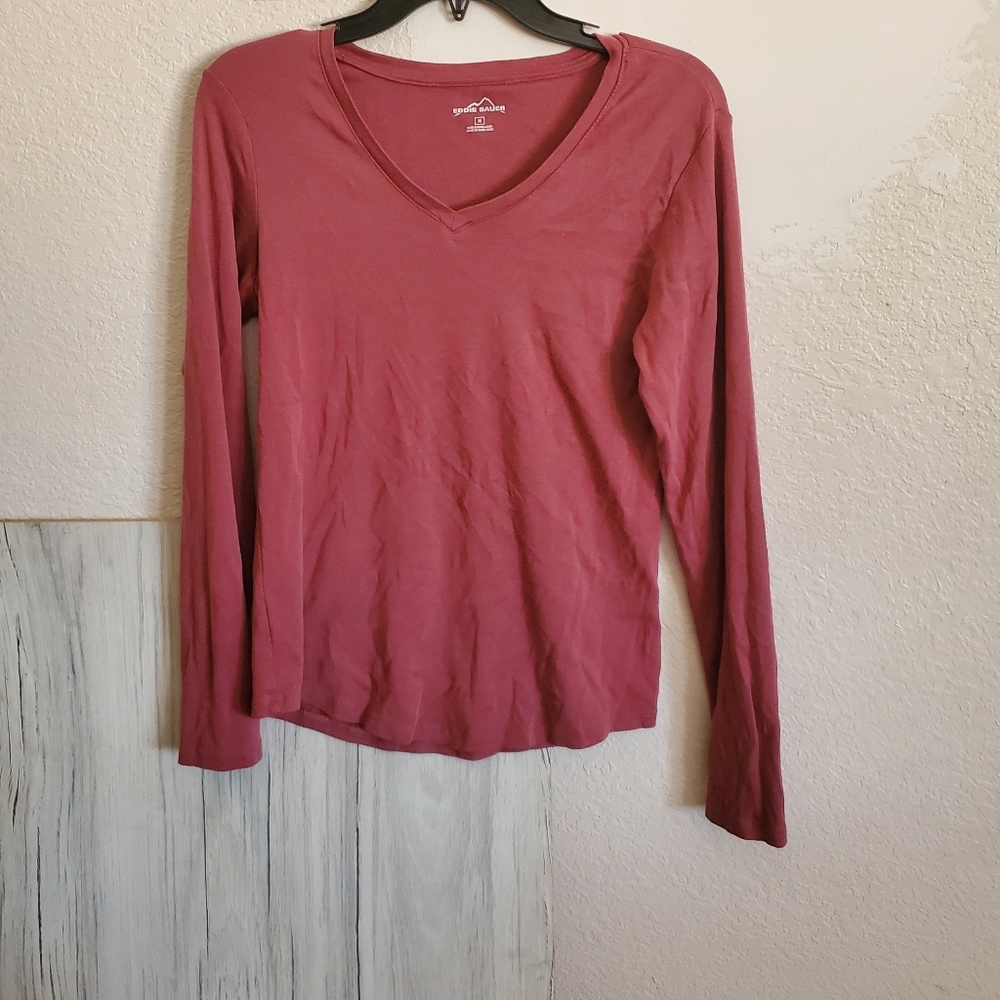 Eddie Bauer Cotton Blend Long Sleeve V-Neck TShirt Women's M Mauve
